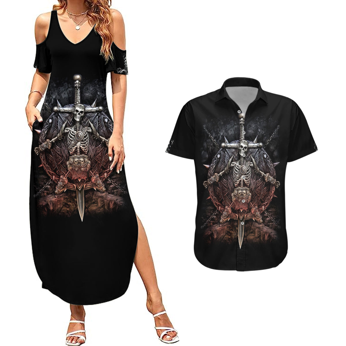 Warrior Skull Couples Matching Summer Maxi Dress and Hawaiian Shirt Skull Warrior Viking - Wonder Print Shop