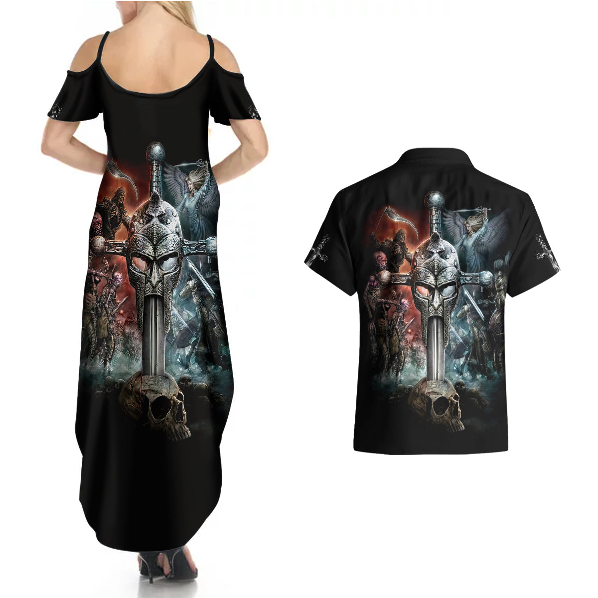Warrior Skull Couples Matching Summer Maxi Dress and Hawaiian Shirt Skull Warrior Viking - Wonder Print Shop