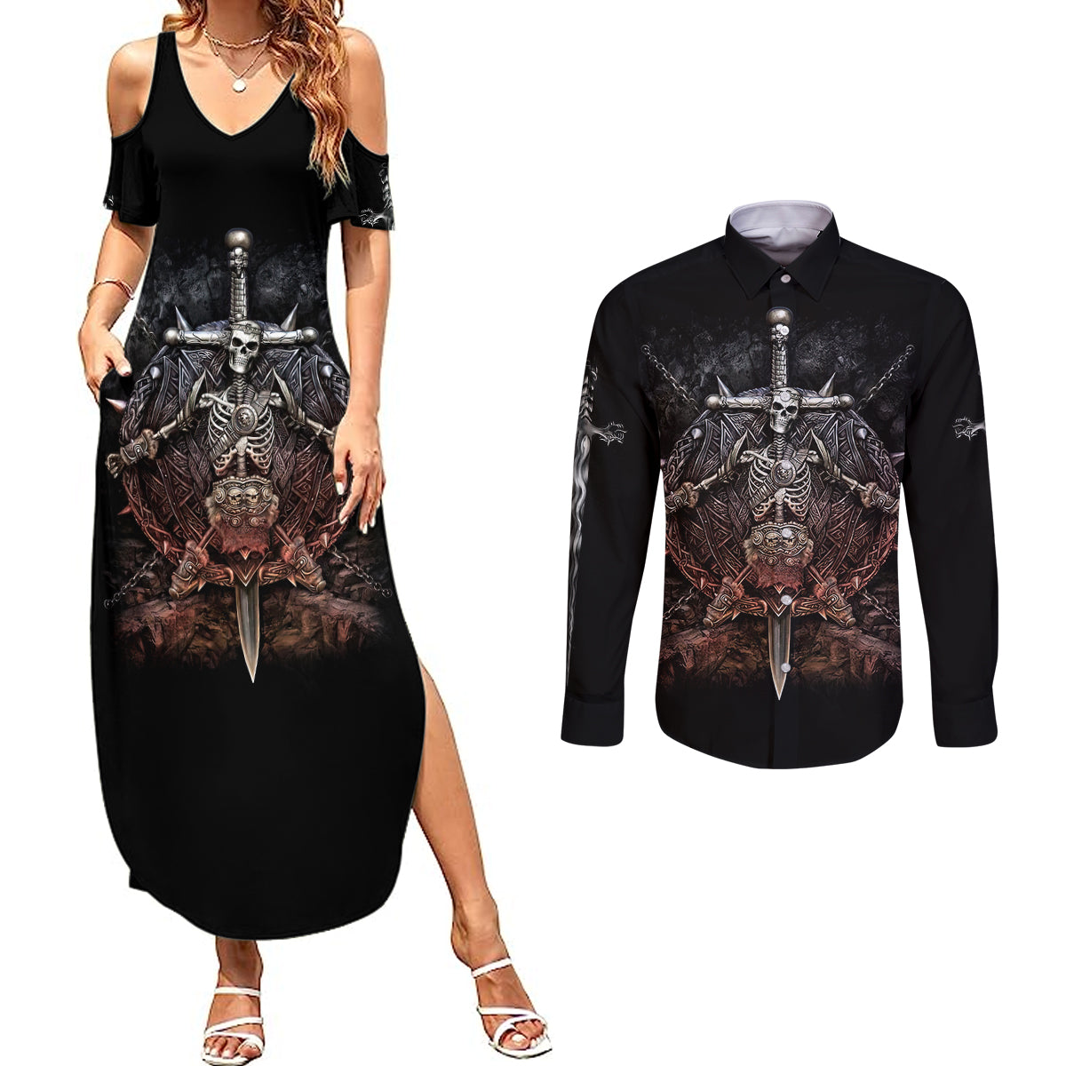 Warrior Skull Couples Matching Summer Maxi Dress and Long Sleeve Button Shirts Skull Warrior Viking - Wonder Print Shop
