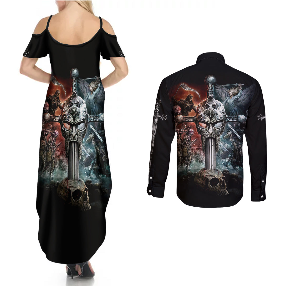Warrior Skull Couples Matching Summer Maxi Dress and Long Sleeve Button Shirts Skull Warrior Viking - Wonder Print Shop