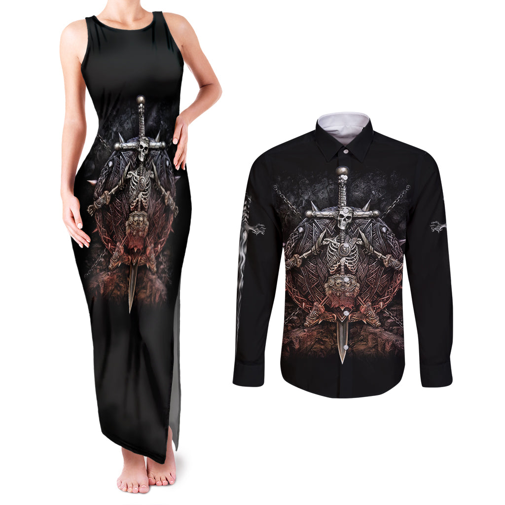 Warrior Skull Couples Matching Tank Maxi Dress and Long Sleeve Button Shirts Skull Warrior Viking - Wonder Print Shop