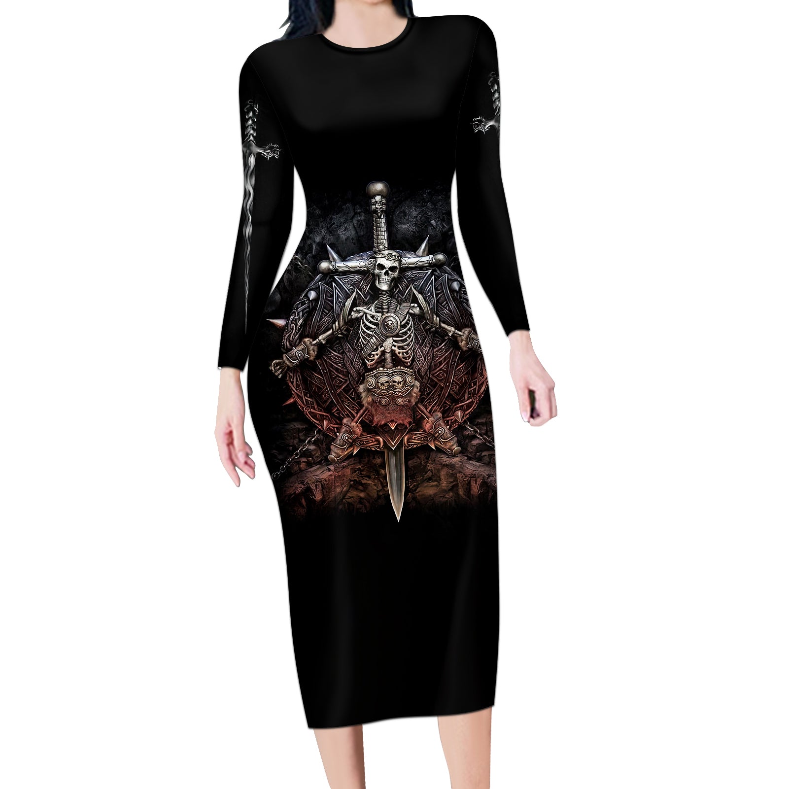 Warrior Skull Long Sleeve Bodycon Dress Skull Warrior Viking - Wonder Print Shop