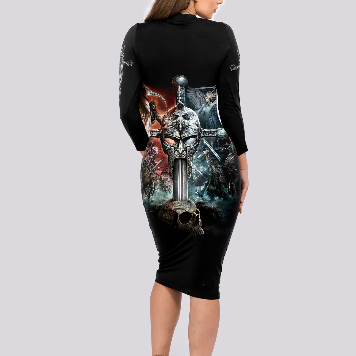 Warrior Skull Long Sleeve Bodycon Dress Skull Warrior Viking - Wonder Print Shop