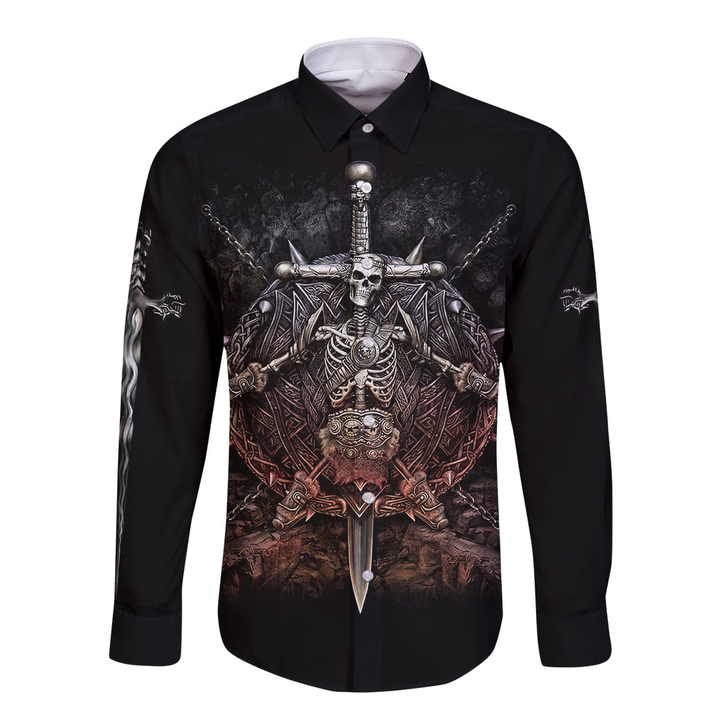 Warrior Skull Long Sleeve Button Shirt Skull Warrior Viking - Wonder Print Shop