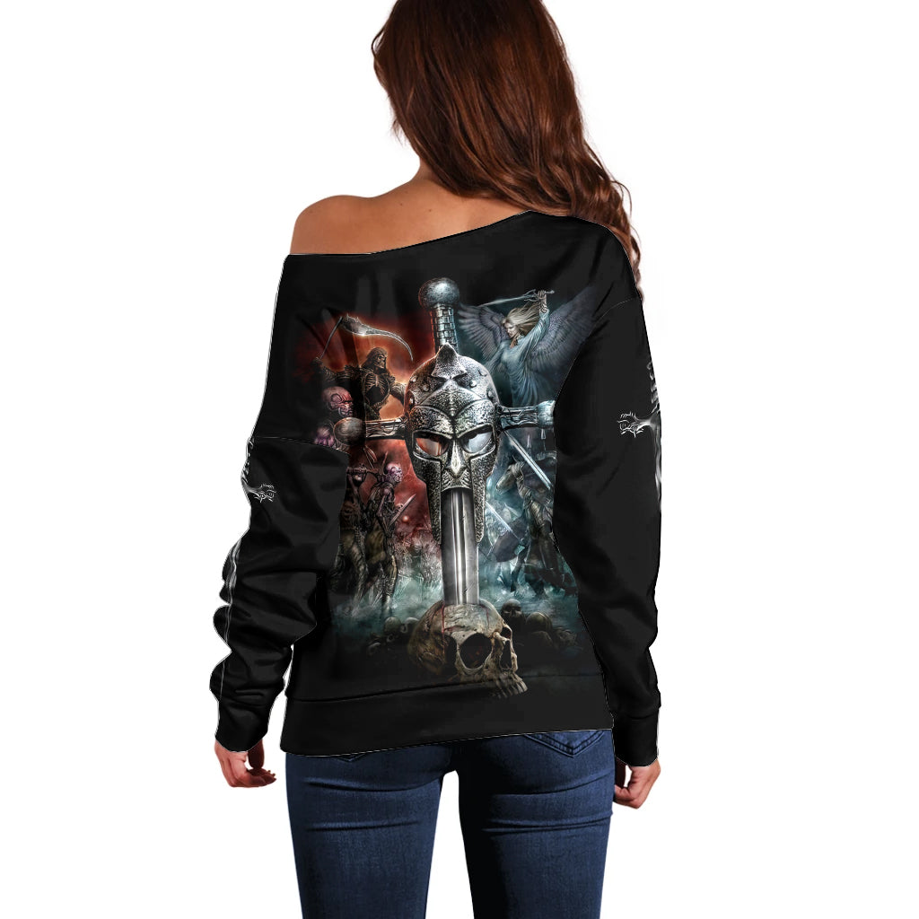 Warrior Skull Off Shoulder Sweater Skull Warrior Viking - Wonder Print Shop