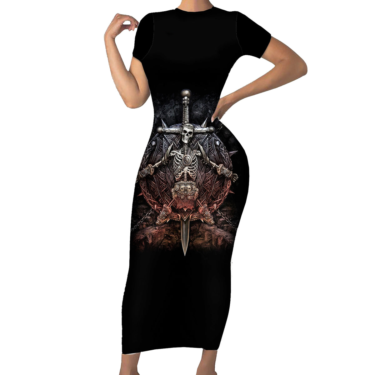 Warrior Skull Short Sleeve Bodycon Dress Skull Warrior Viking - Wonder Print Shop