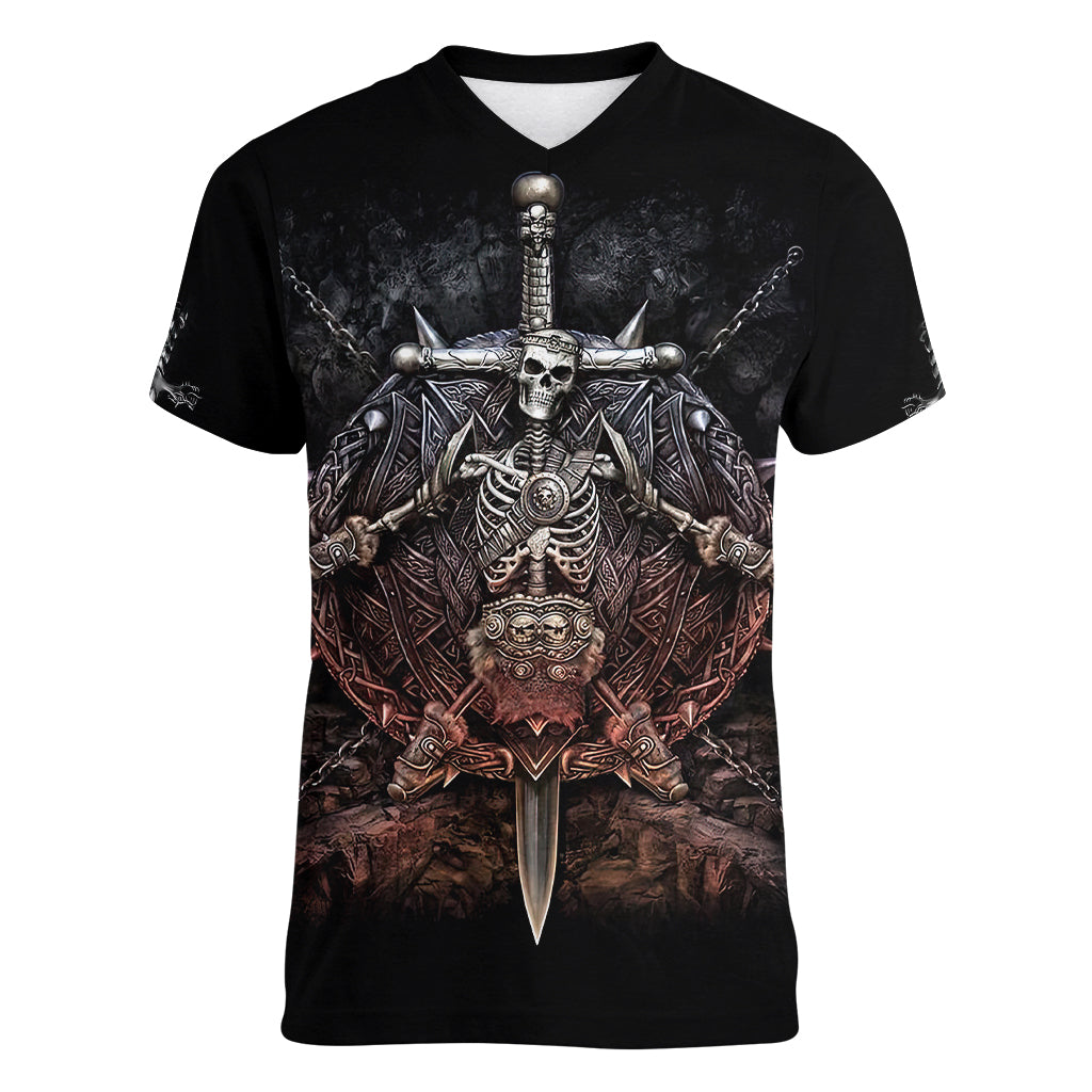 Warrior Skull Women V Neck T Shirt Skull Warrior Viking - Wonder Print Shop