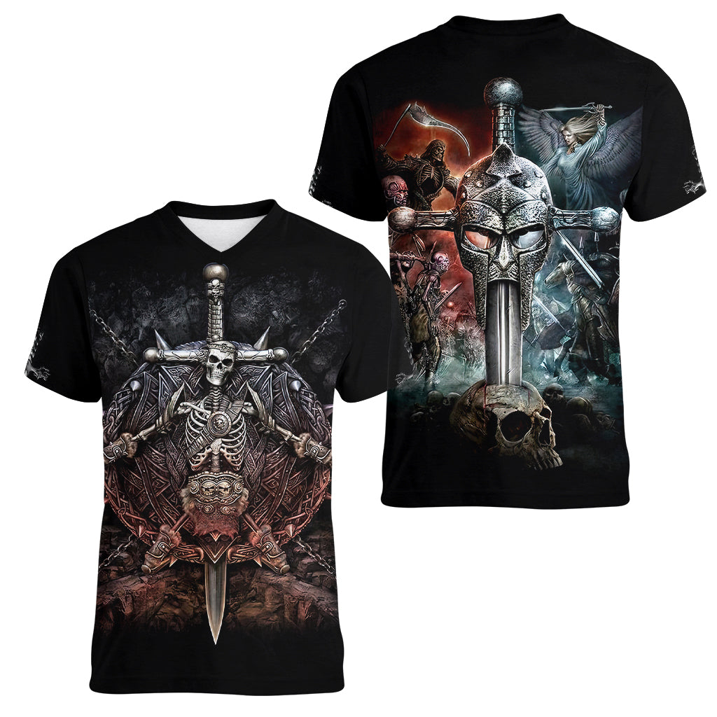 Warrior Skull Women V Neck T Shirt Skull Warrior Viking - Wonder Print Shop