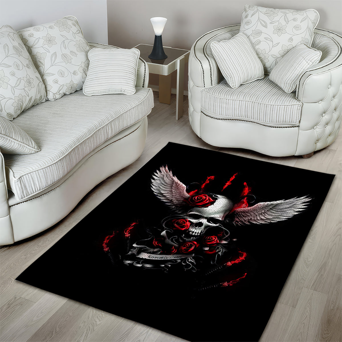 Wings Rose Skull Area Rug Romantic Rose Skull Wings - Wonder Print Shop