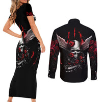 Wings Rose Skull Couples Matching Short Sleeve Bodycon Dress and Long Sleeve Button Shirts Romantic Rose Skull Wings - Wonder Print Shop