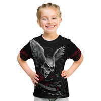 Black kids graphic T-shirt with skull, wings, and red roses on the front