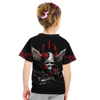 Black kids graphic T-shirt with skull and wings, red roses pattern on back