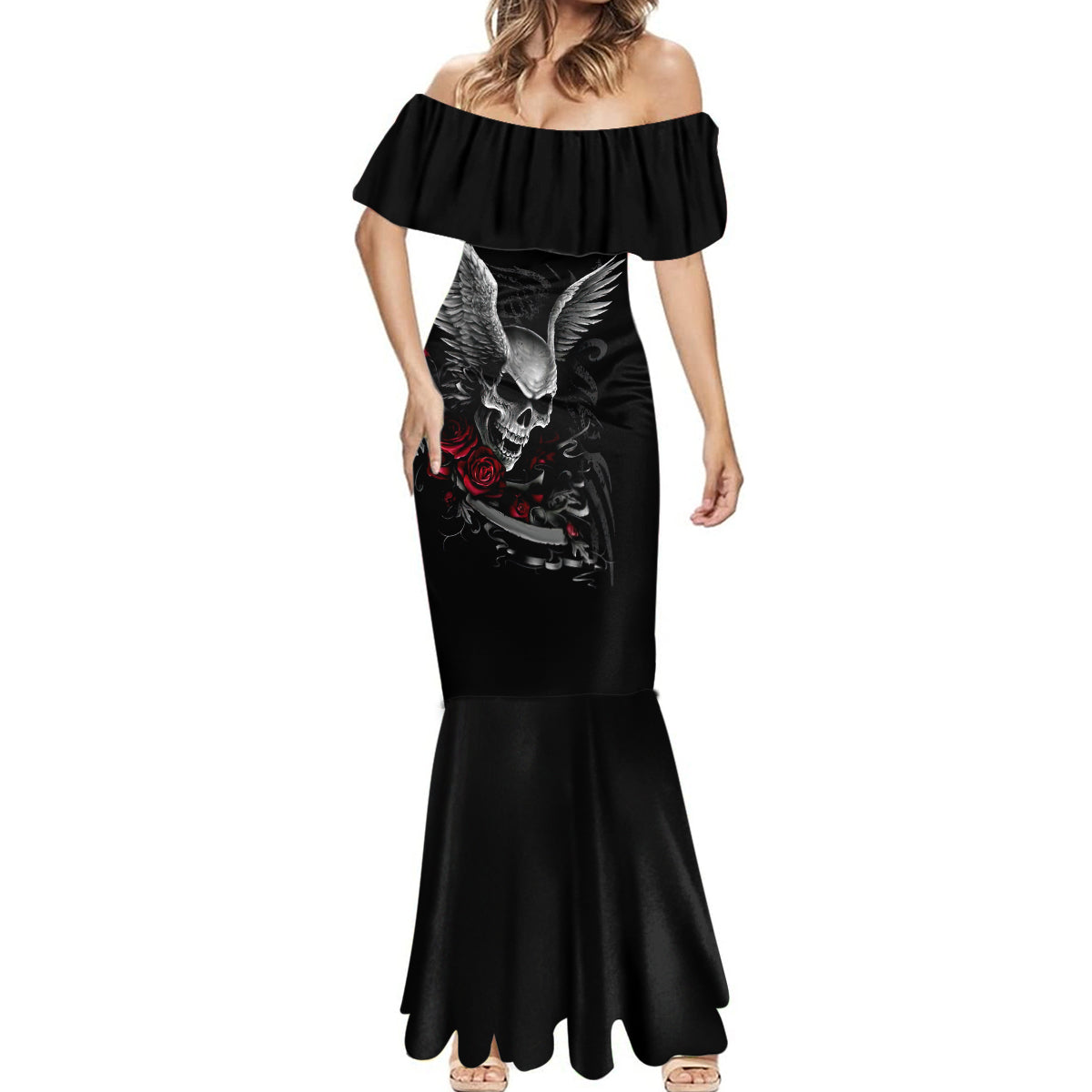 Wings Rose Skull Mermaid Dress Romantic Rose Skull Wings - Wonder Print Shop