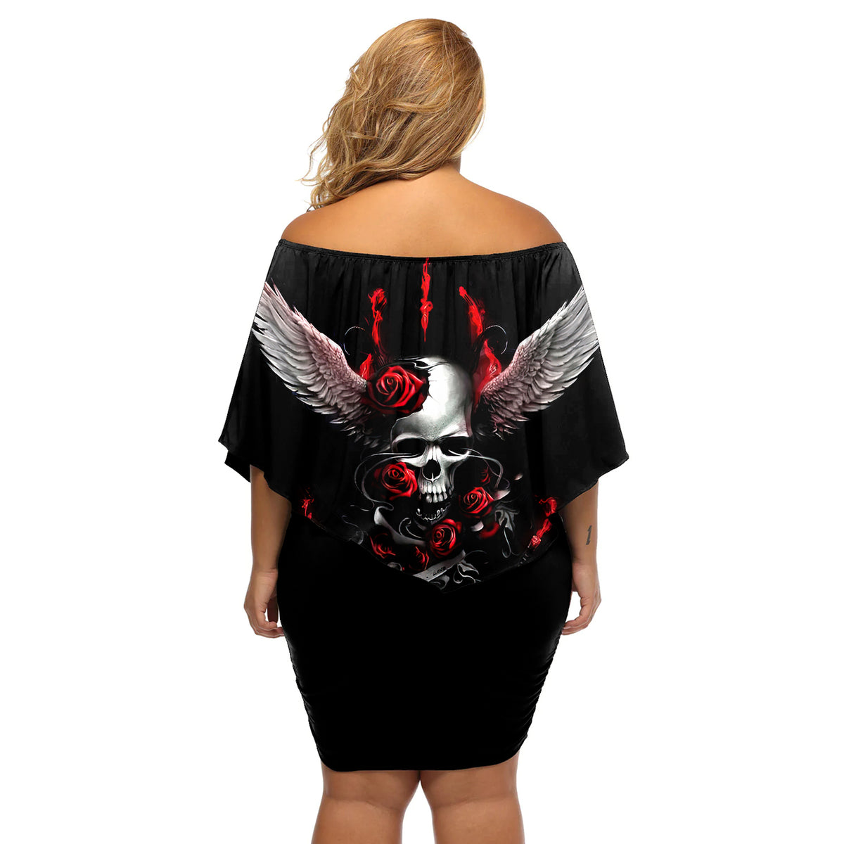 Wings Rose Skull Off Shoulder Short Dress Romantic Rose Skull Wings - Wonder Print Shop