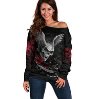 Wings Rose Skull Off Shoulder Sweater Romantic Rose Skull Wings - Wonder Print Shop