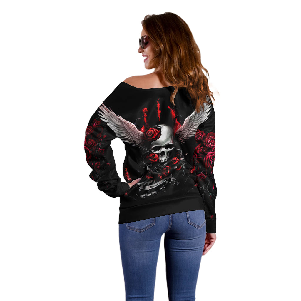 Wings Rose Skull Off Shoulder Sweater Romantic Rose Skull Wings - Wonder Print Shop
