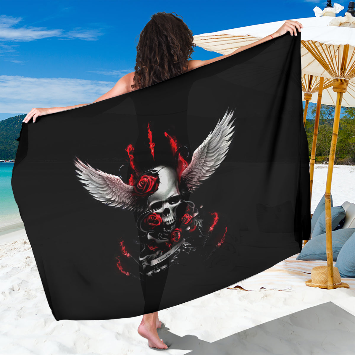 Wings Rose Skull Sarong Romantic Rose Skull Wings - Wonder Print Shop