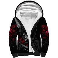 Black sherpa-lined hoodie with red rose skull and wing graphics, front zip and hood