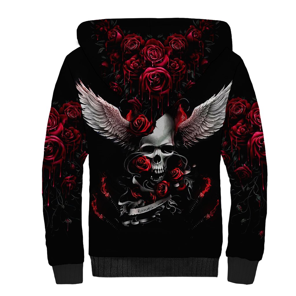 Black hoodie with red rose skull and large wing artwork, front kangaroo pocket