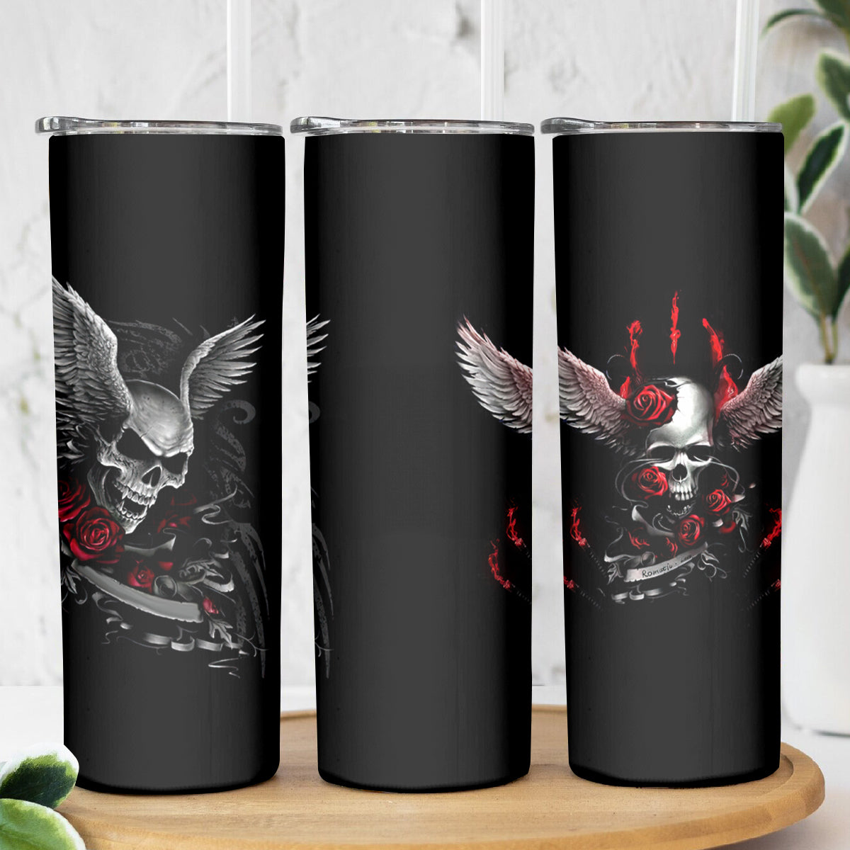 Wings Rose Skull Skinny Tumbler Romantic Rose Skull Wings - Wonder Print Shop