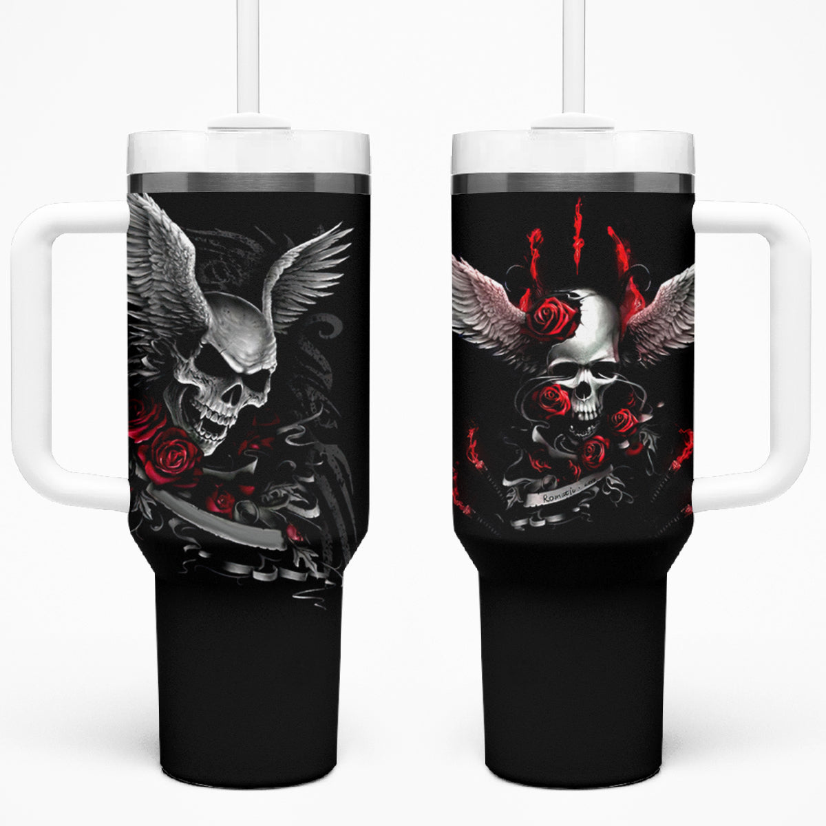 Wings Rose Skull Tumbler With Handle Romantic Rose Skull Wings - Wonder Print Shop
