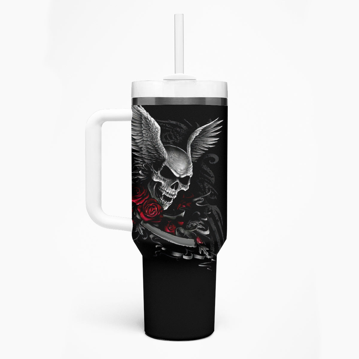Wings Rose Skull Tumbler With Handle Romantic Rose Skull Wings - Wonder Print Shop