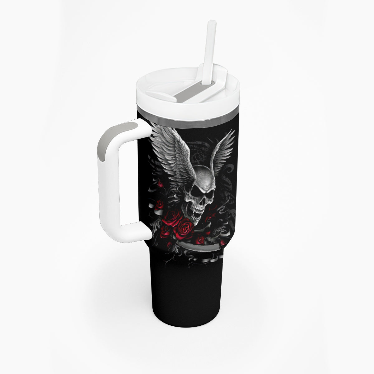 Wings Rose Skull Tumbler With Handle Romantic Rose Skull Wings - Wonder Print Shop