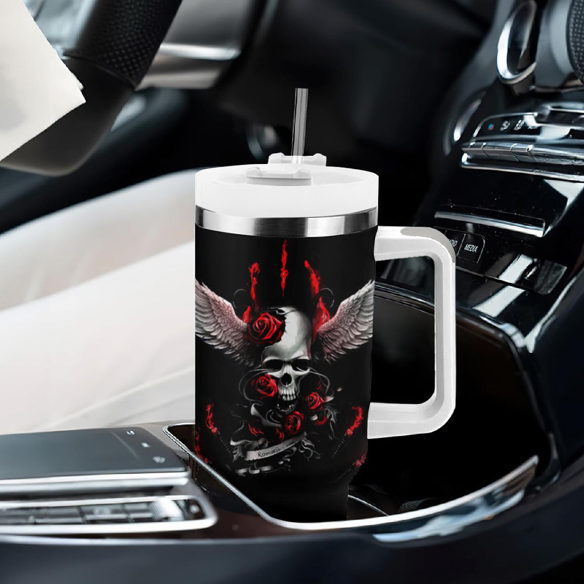 Wings Rose Skull Tumbler With Handle Romantic Rose Skull Wings - Wonder Print Shop