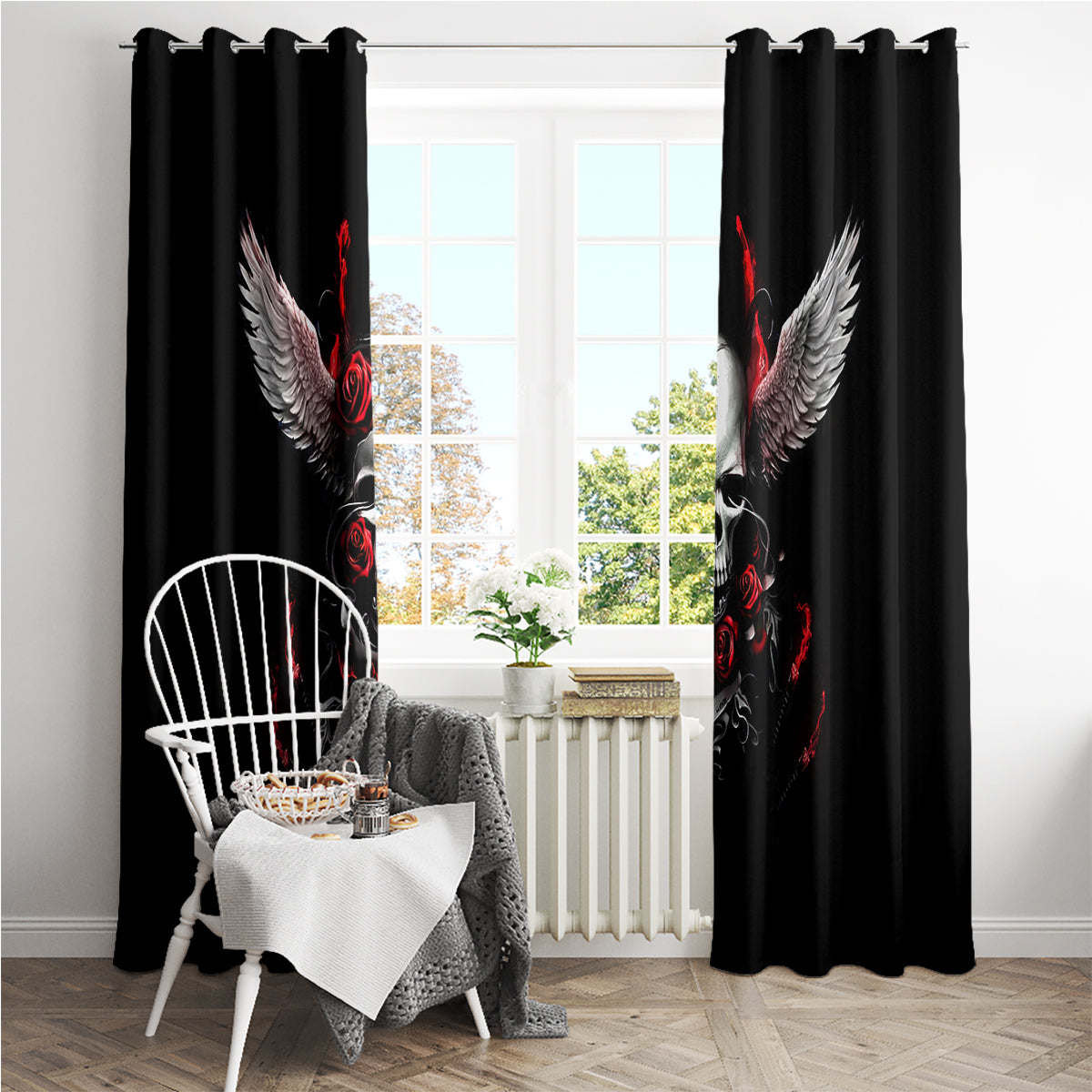 Wings Rose Skull Window Curtain Romantic Rose Skull Wings - Wonder Print Shop
