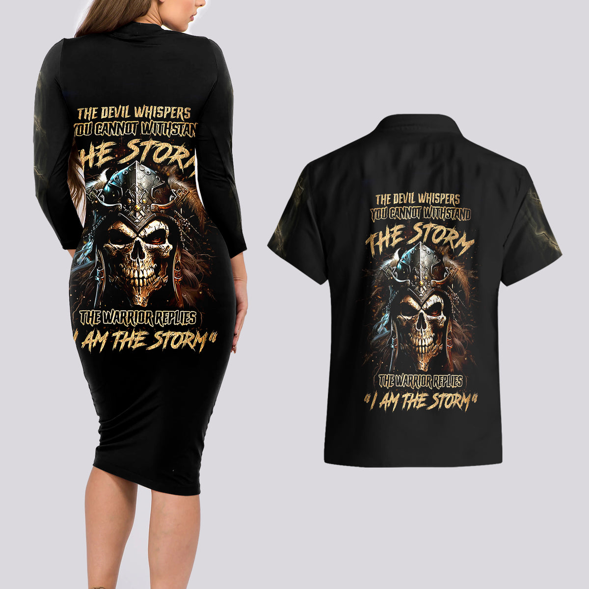 Warrior Skull Couples Matching Long Sleeve Bodycon Dress and Hawaiian Shirt The Warrior Replies Iam The Storm - Wonder Print Shop