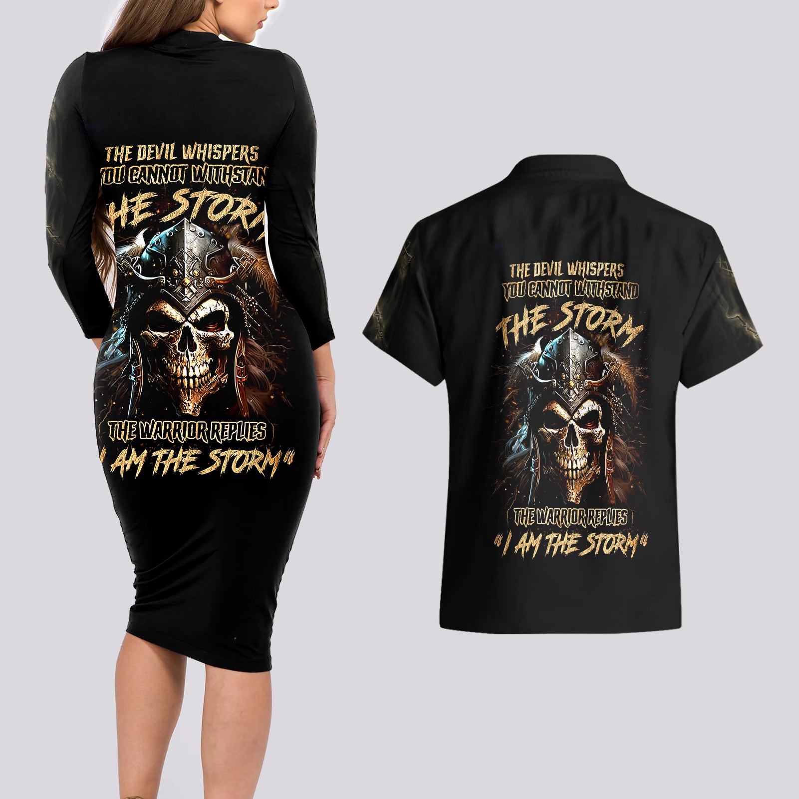 Warrior Skull Couples Matching Long Sleeve Bodycon Dress and Hawaiian Shirt The Warrior Replies Iam The Storm - Wonder Print Shop
