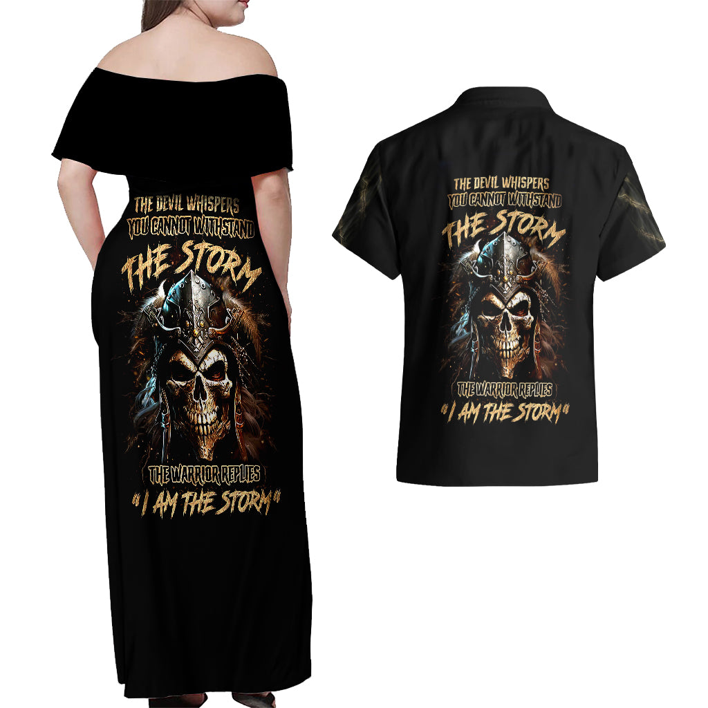 Warrior Skull Couples Matching Off Shoulder Maxi Dress and Hawaiian Shirt The Warrior Replies Iam The Storm - Wonder Print Shop