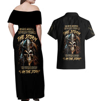 Warrior Skull Couples Matching Off Shoulder Maxi Dress and Hawaiian Shirt The Warrior Replies Iam The Storm - Wonder Print Shop