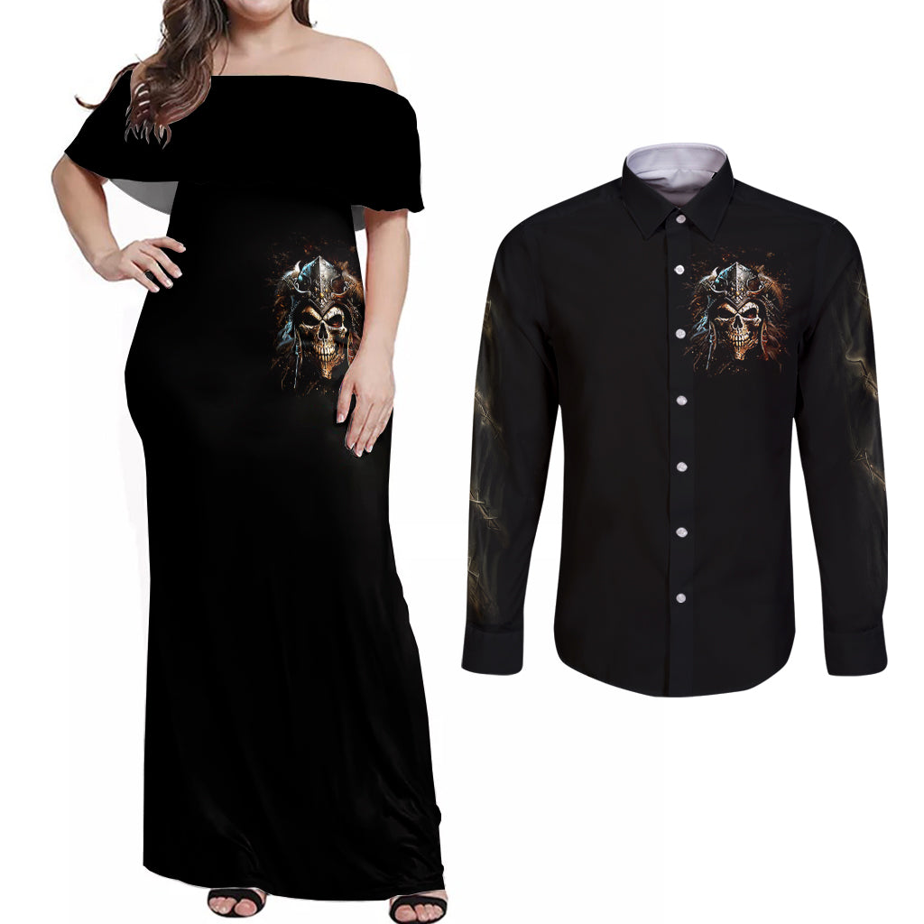 Warrior Skull Couples Matching Off Shoulder Maxi Dress and Long Sleeve Button Shirts The Warrior Replies Iam The Storm - Wonder Print Shop