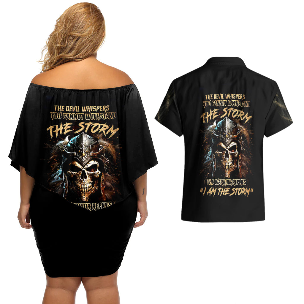 Warrior Skull Couples Matching Off Shoulder Short Dress and Hawaiian Shirt The Warrior Replies Iam The Storm - Wonder Print Shop