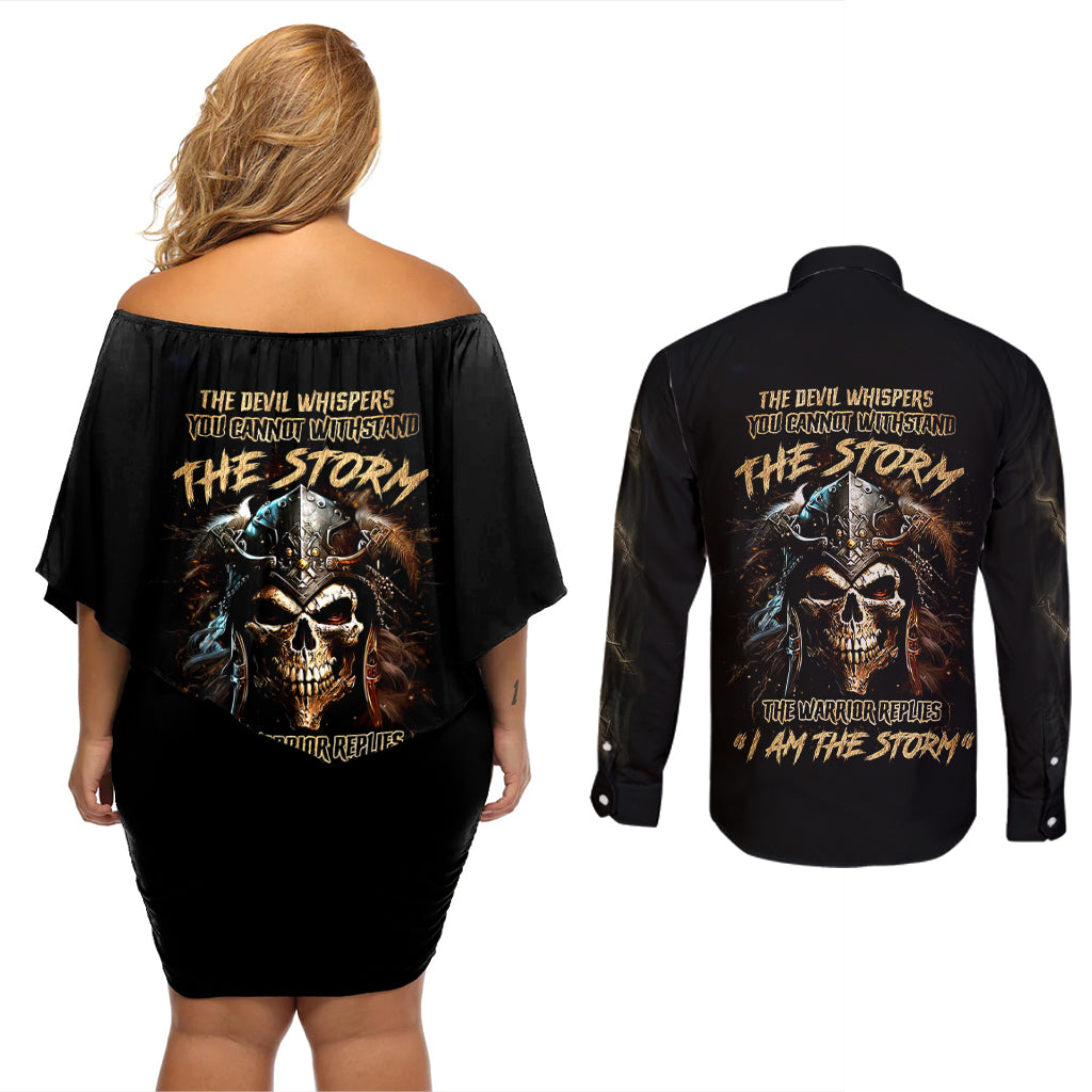 Warrior Skull Couples Matching Off Shoulder Short Dress and Long Sleeve Button Shirts The Warrior Replies Iam The Storm - Wonder Print Shop