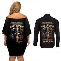 Warrior Skull Couples Matching Off Shoulder Short Dress and Long Sleeve Button Shirts The Warrior Replies Iam The Storm - Wonder Print Shop