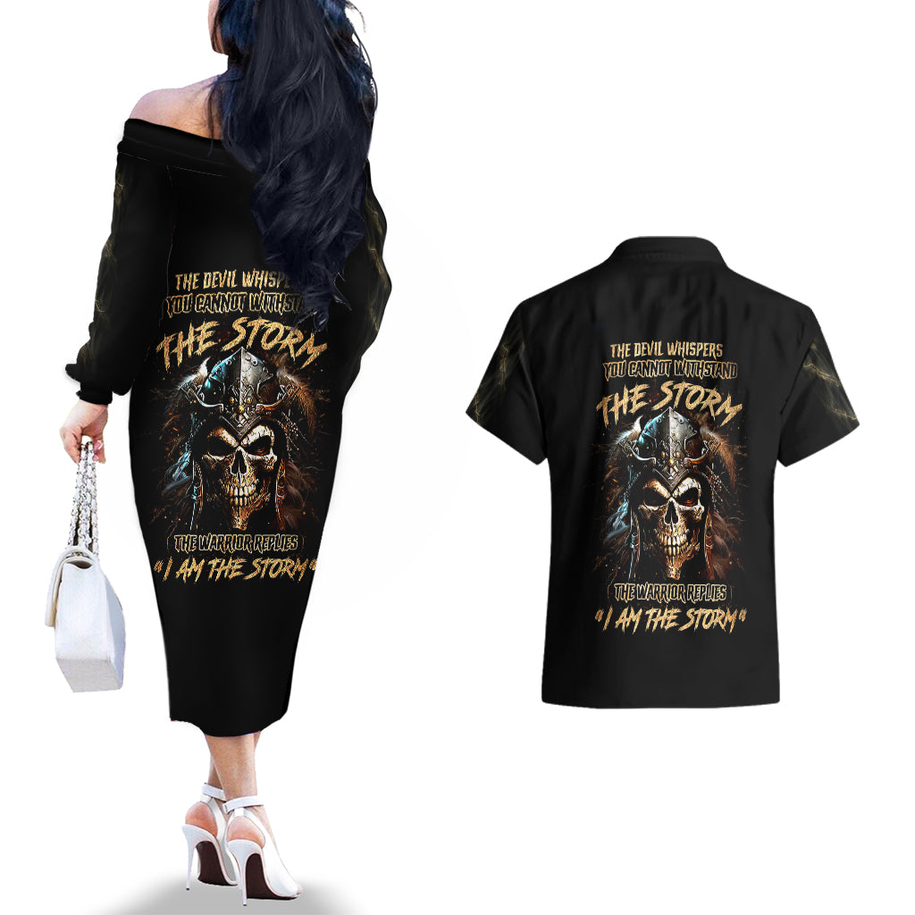 Warrior Skull Couples Matching Off The Shoulder Long Sleeve Dress and Hawaiian Shirt The Warrior Replies Iam The Storm - Wonder Print Shop