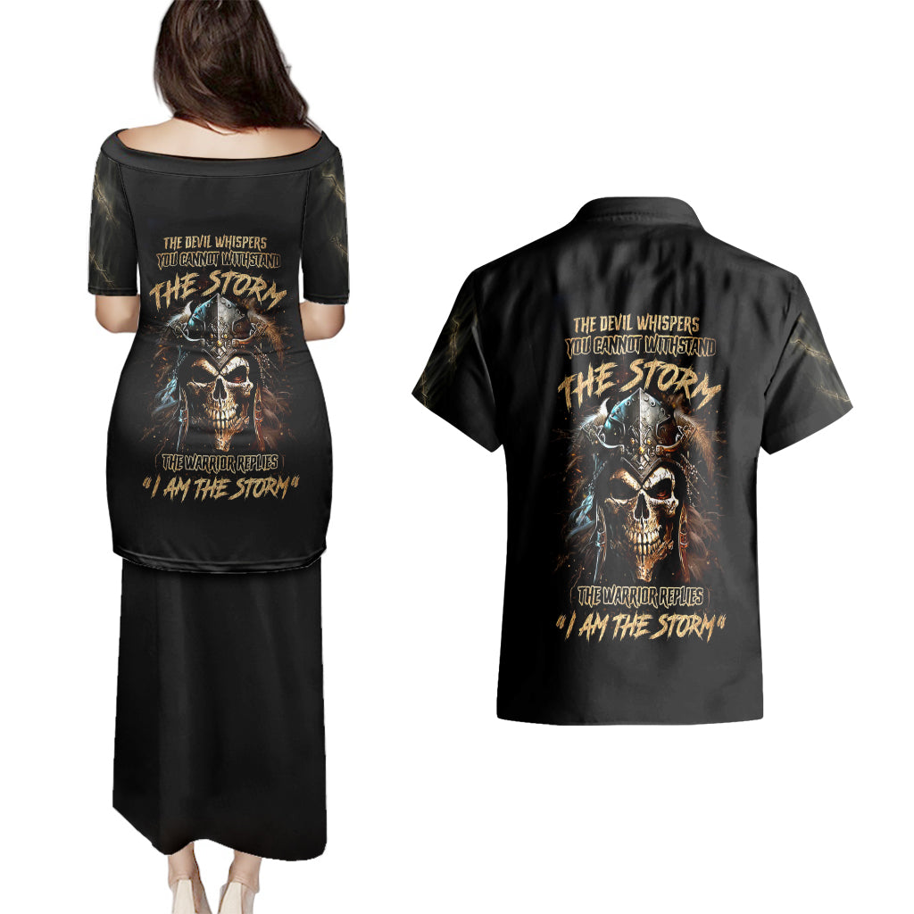 Warrior Skull Couples Matching Puletasi Dress and Hawaiian Shirt The Warrior Replies Iam The Storm - Wonder Print Shop