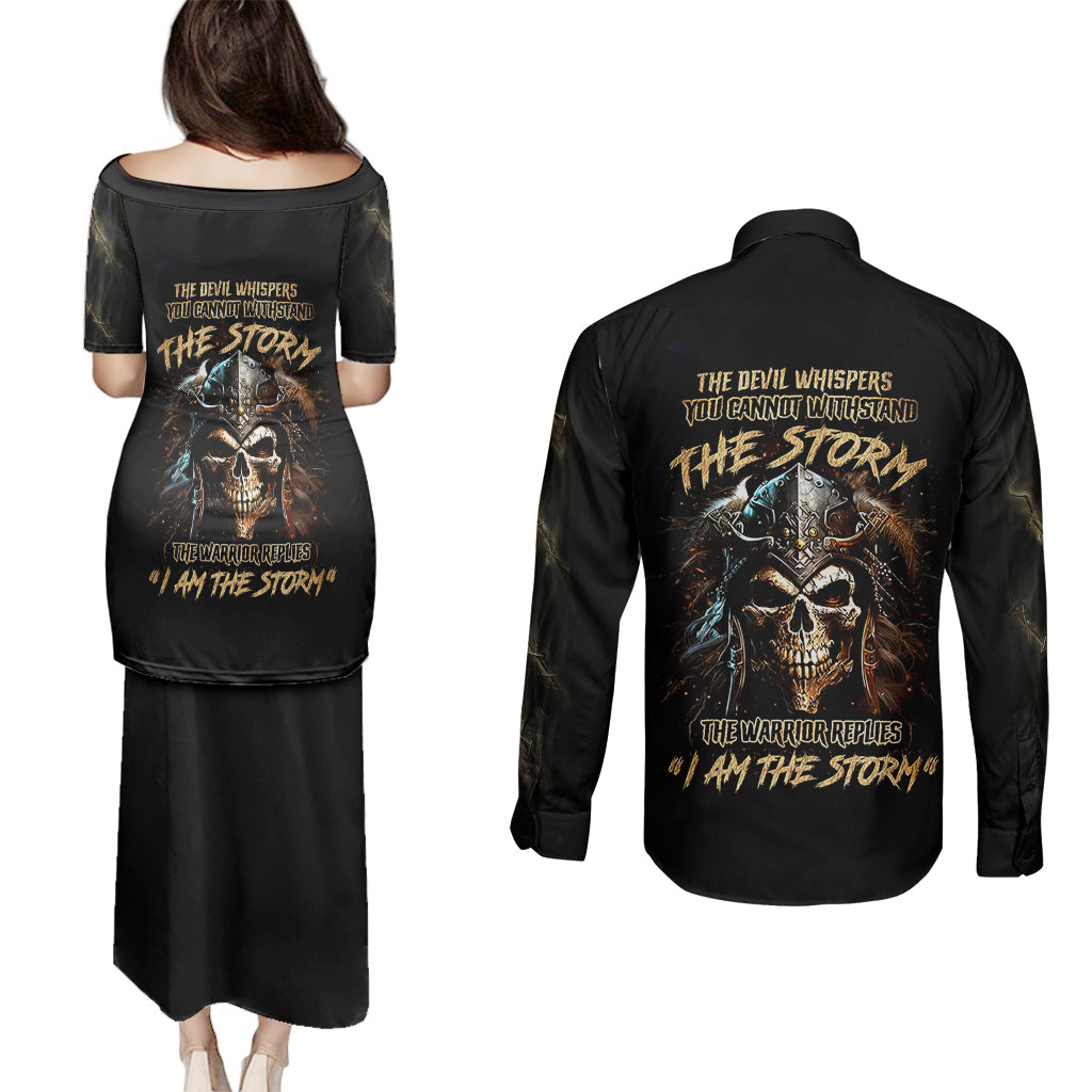 Warrior Skull Couples Matching Puletasi Dress and Long Sleeve Button Shirts The Warrior Replies Iam The Storm - Wonder Print Shop