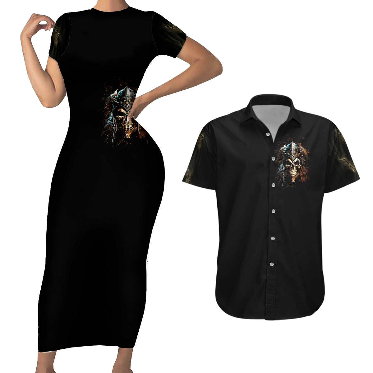 Warrior Skull Couples Matching Short Sleeve Bodycon Dress and Hawaiian Shirt The Warrior Replies Iam The Storm - Wonder Print Shop