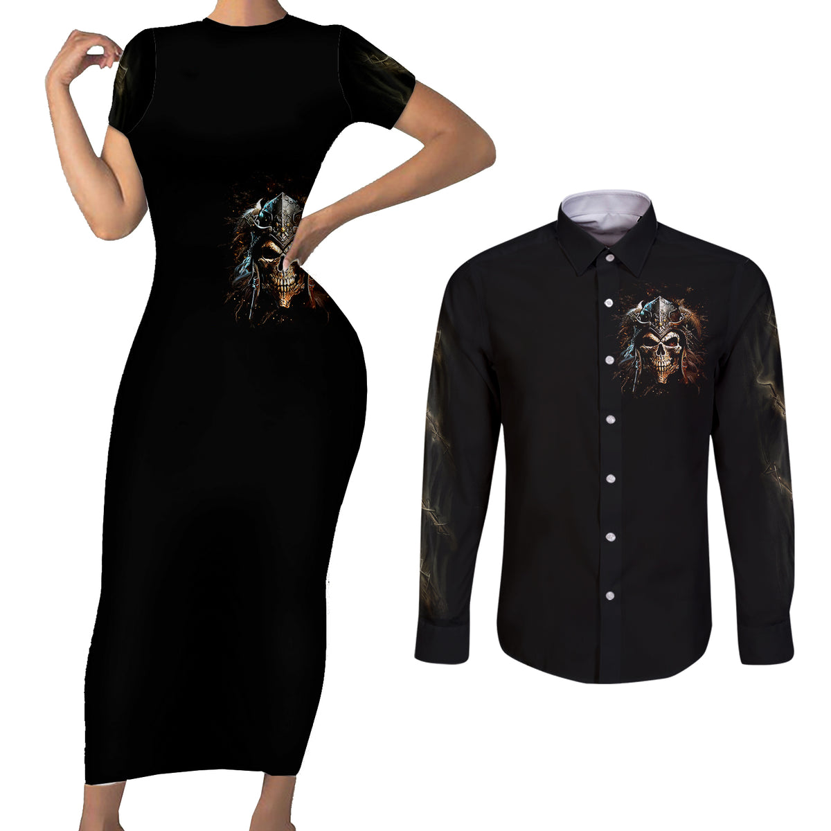 Warrior Skull Couples Matching Short Sleeve Bodycon Dress and Long Sleeve Button Shirts The Warrior Replies Iam The Storm - Wonder Print Shop