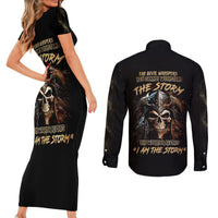 Warrior Skull Couples Matching Short Sleeve Bodycon Dress and Long Sleeve Button Shirts The Warrior Replies Iam The Storm - Wonder Print Shop