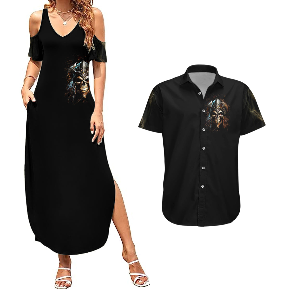 Warrior Skull Couples Matching Summer Maxi Dress and Hawaiian Shirt The Warrior Replies Iam The Storm - Wonder Print Shop