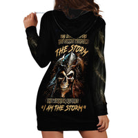 Black hoodie dress with large skull graphic on back and long sleeves