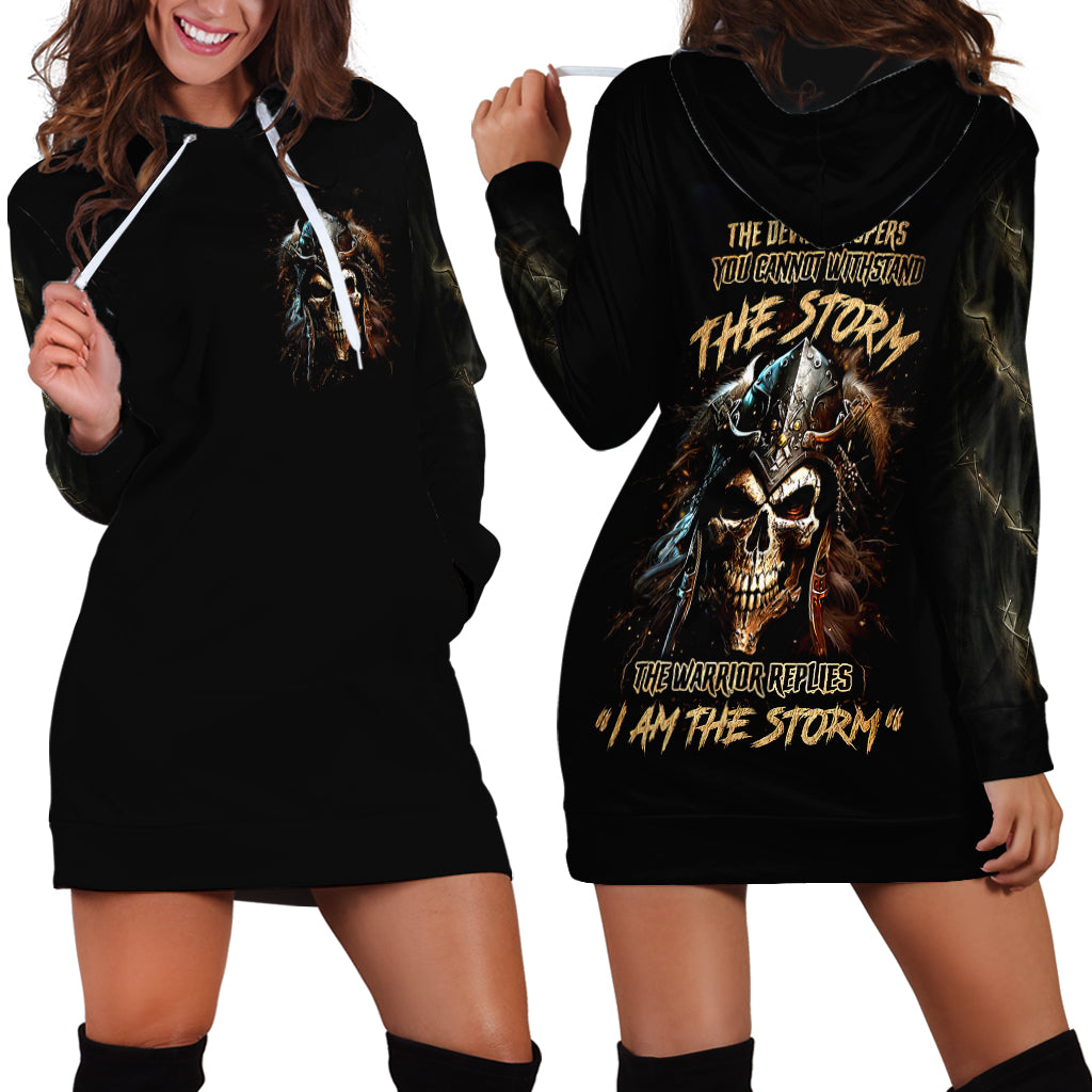 Black hoodie dress shown from front and back, with skull graphic on both views