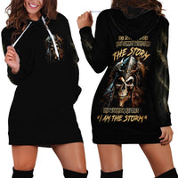 Black hoodie dress shown from front and back, with skull graphic on both views