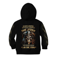 Black hoodie with large back skull and storm graphic, full hood
