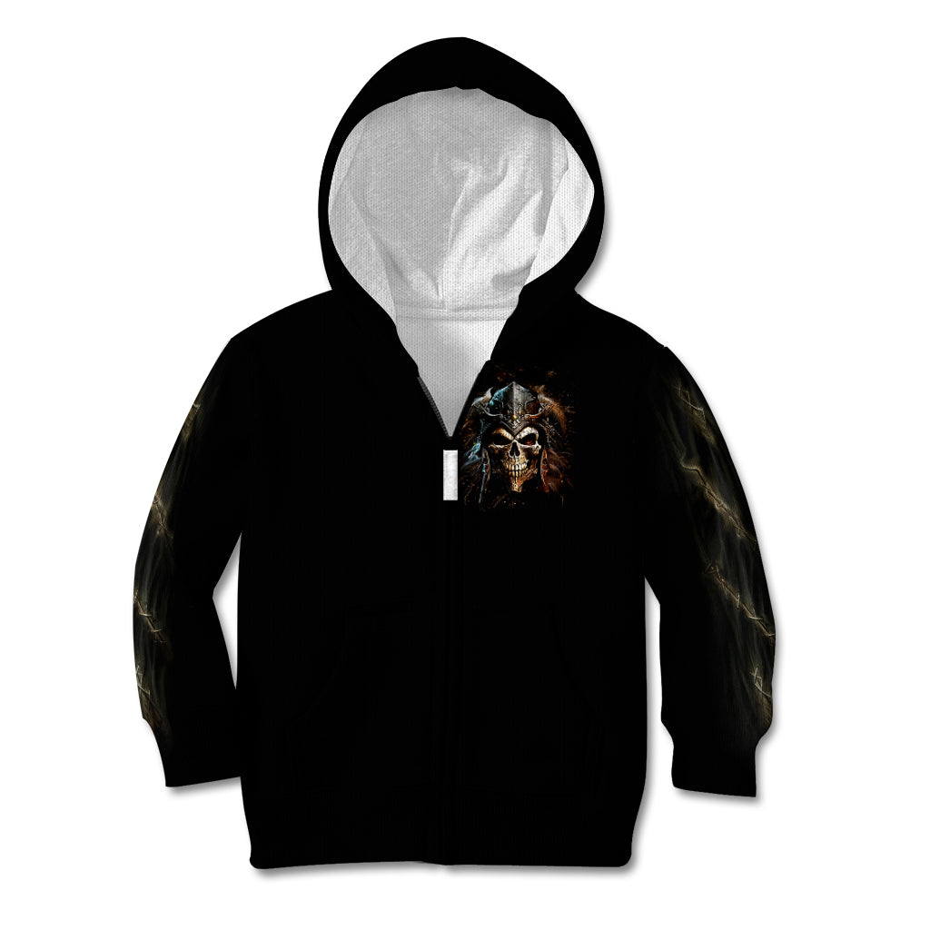 Black zip hoodie showing skull chest graphic with hood up and drawstrings