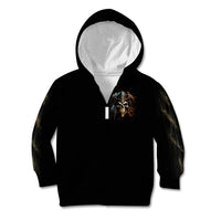 Black zip hoodie showing skull chest graphic with hood up and drawstrings